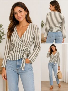 Top Shop Striped Wrap Blouse Lightweight Olive & White size 4